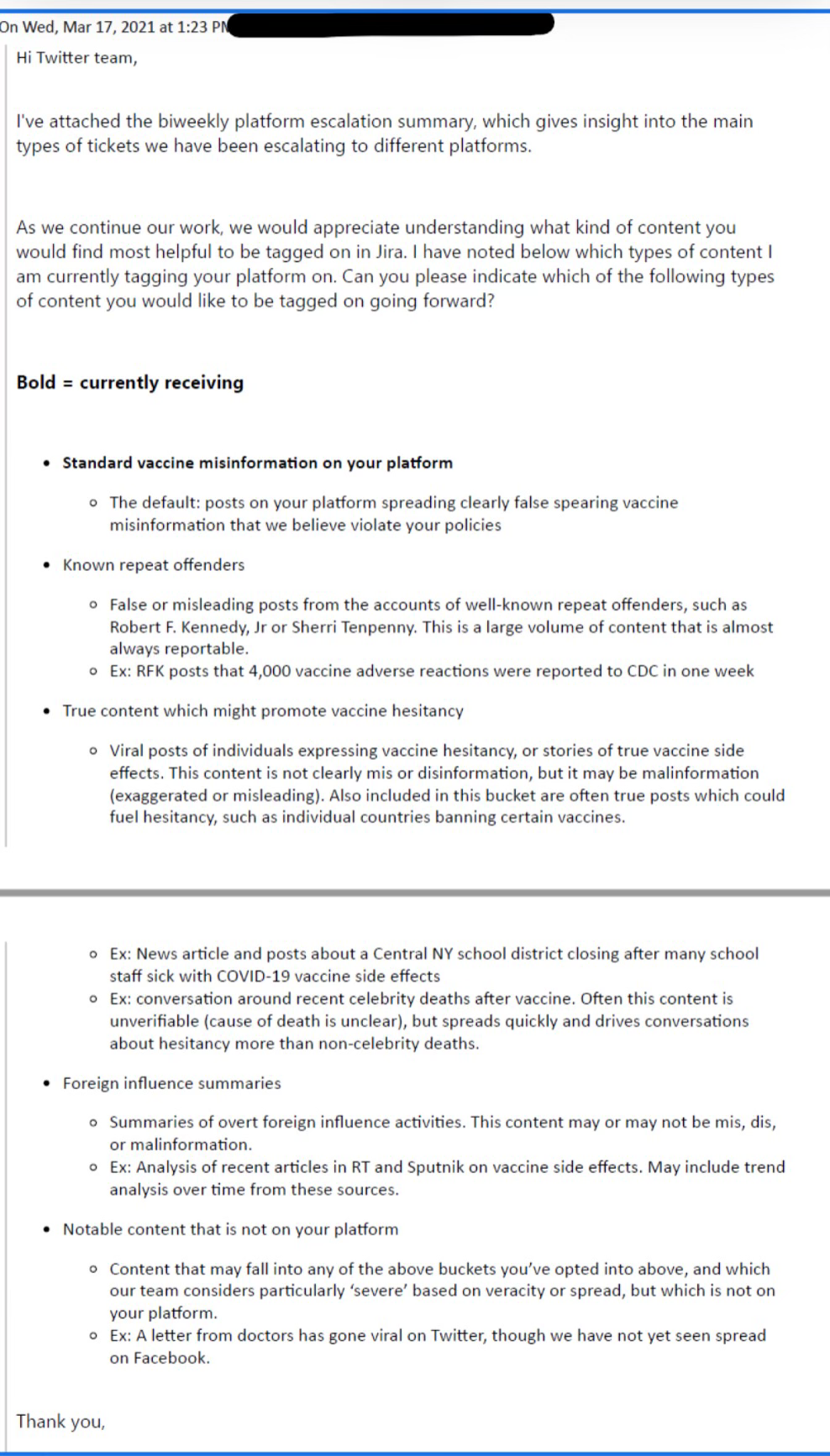 Screenshot of the March 17, 2021 email from the Virality Project to Twitter. Shows the sender's framing question, the convention 'Bold = currently receiving,' and the list of categories with only 'Standard vaccine misinformation on your platform' rendered in bold. Personal email addresses are redacted with black bars in the original publication.