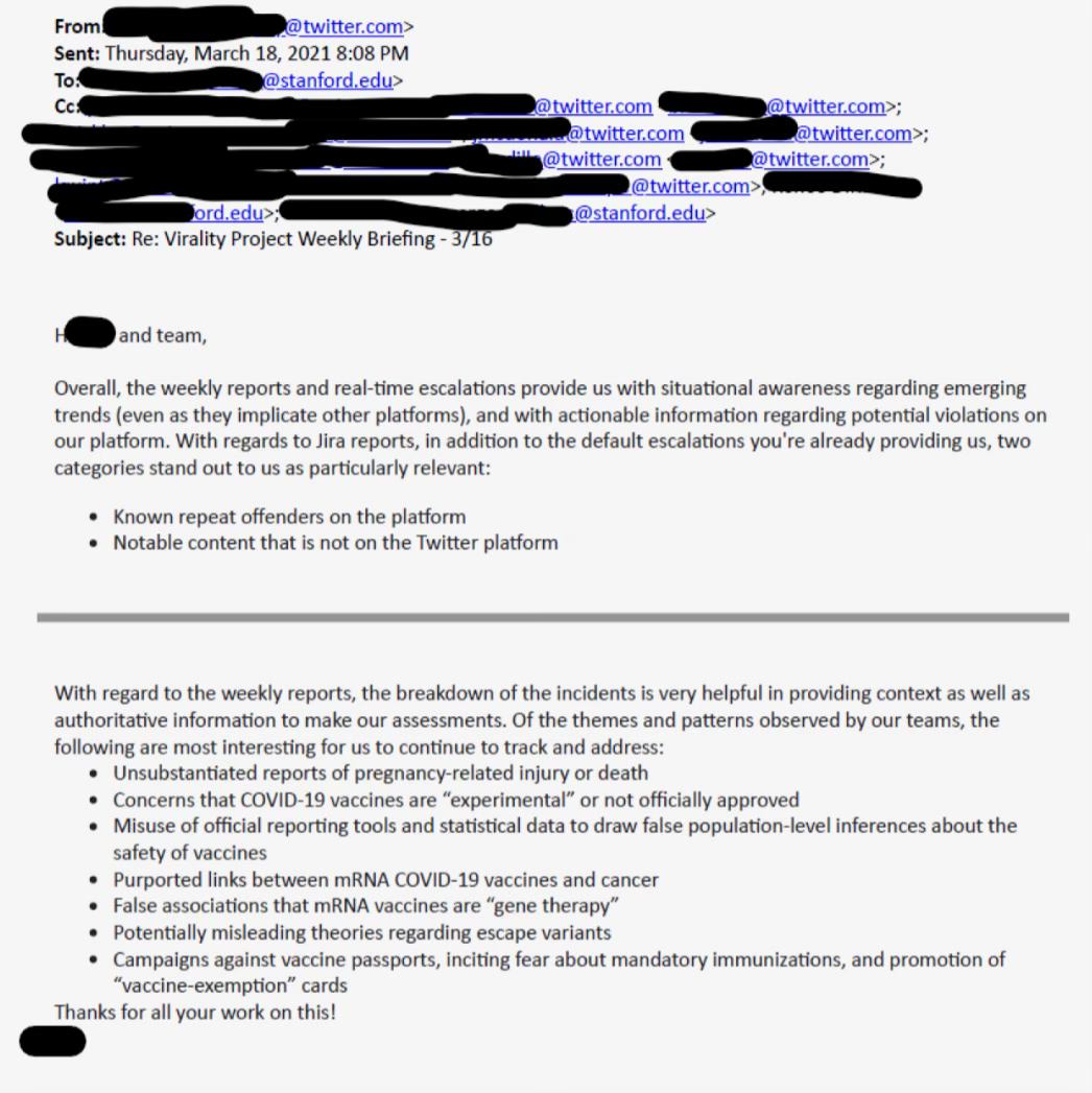 Screenshot of Twitter's March 18, 2021 reply to the Virality Project. Shows the two categories Twitter selected for continued Jira tagging and the seven specific narrative themes Twitter's teams found most interesting to continue to track. Personal email addresses are redacted with black bars in the original publication.